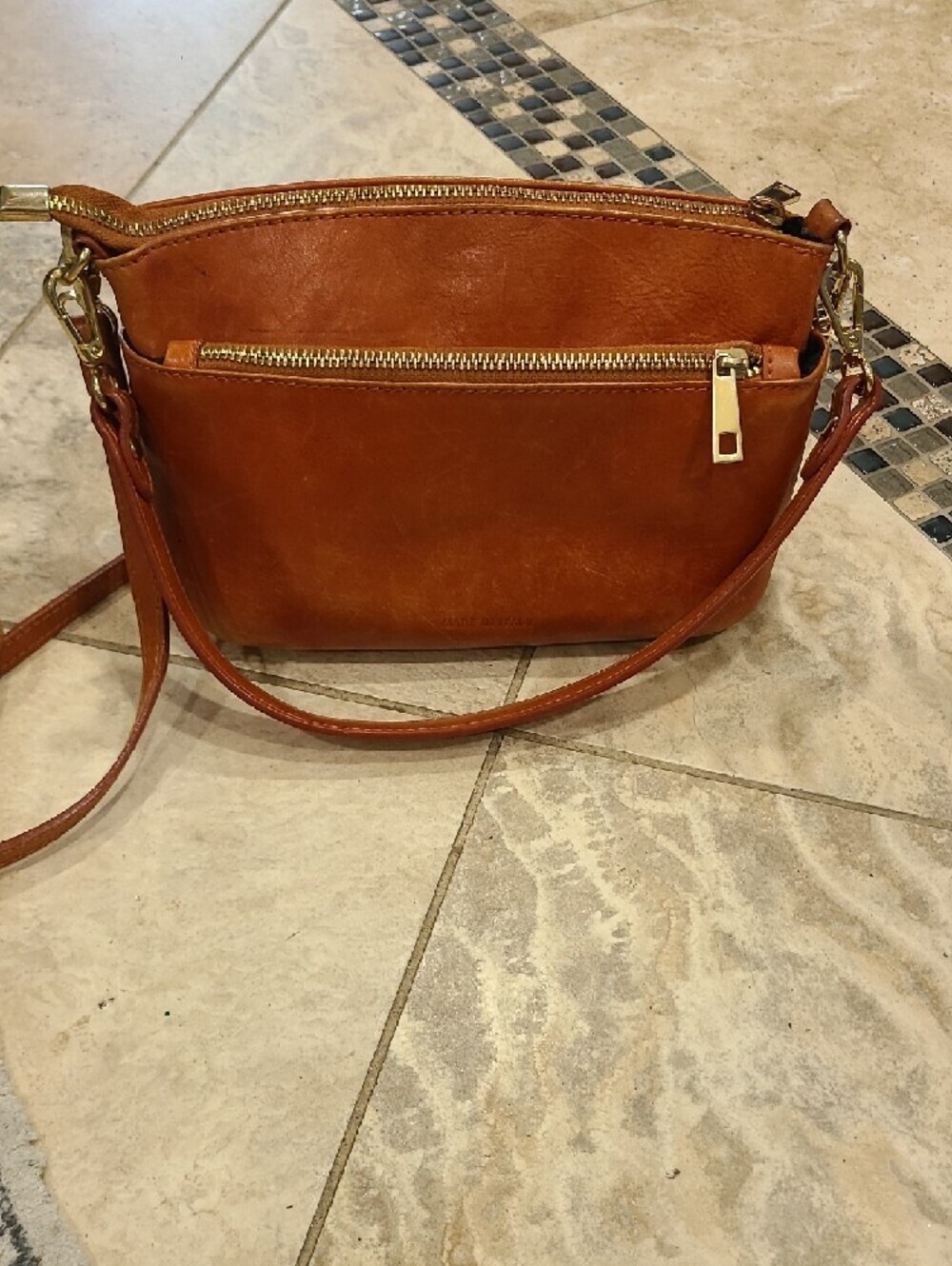 Divina Firenze Slim Cognac Leather Crossbody Bag with Dual Zip Pockets